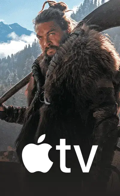 Apple TV+ logo featuring Jason Momoa from the series 'See,' set in a post-apocalyptic world