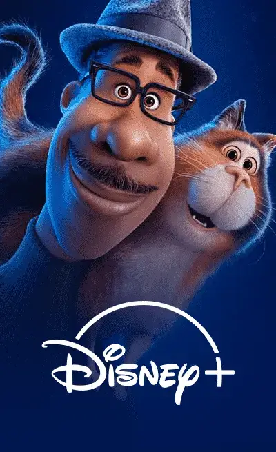 Disney+ logo featuring characters from the animated movie 'Soul,' including Joe and Mr. Mittens