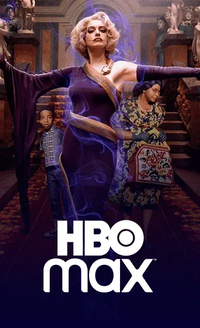 HBO Max logo featuring characters from the series 'The Witches,' including Anne Hathaway as the Grand High Witch