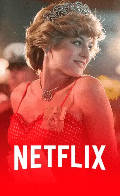 Netflix logo featuring a scene from 'The Crown,' with Princess Diana portrayed in a red dress