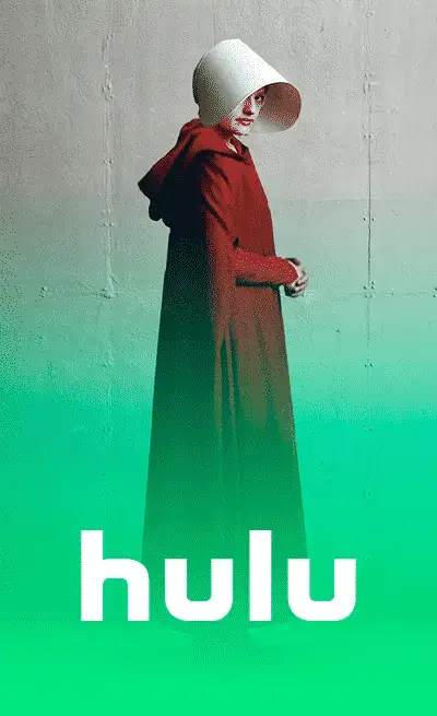Hulu logo featuring a scene from 'The Handmaid's Tale,' with a woman wearing a red cloak and white bonnet