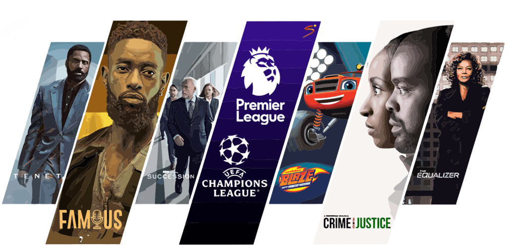 Collage featuring popular TV shows, Premier League, UEFA Champions League, and animated series